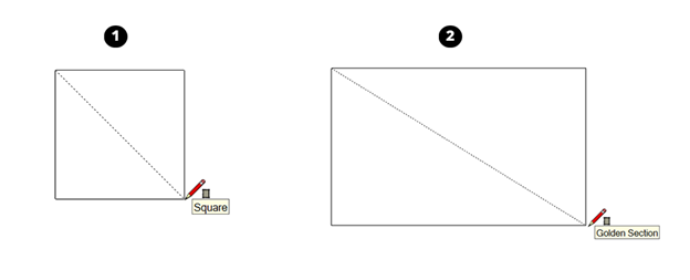 Khi bạn vẽ một hình chữ nhật trong SketchUp, công cụ suy luận sẽ cho bạn biết khi nào hình chữ nhật của bạn là một hình vuông hoặc phần vàng